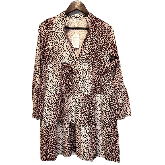 Dresses & Skirts - Leopard Print Tiered Mini Dress Womens Small Ruffle Swing Boho Long Sleeve NWT